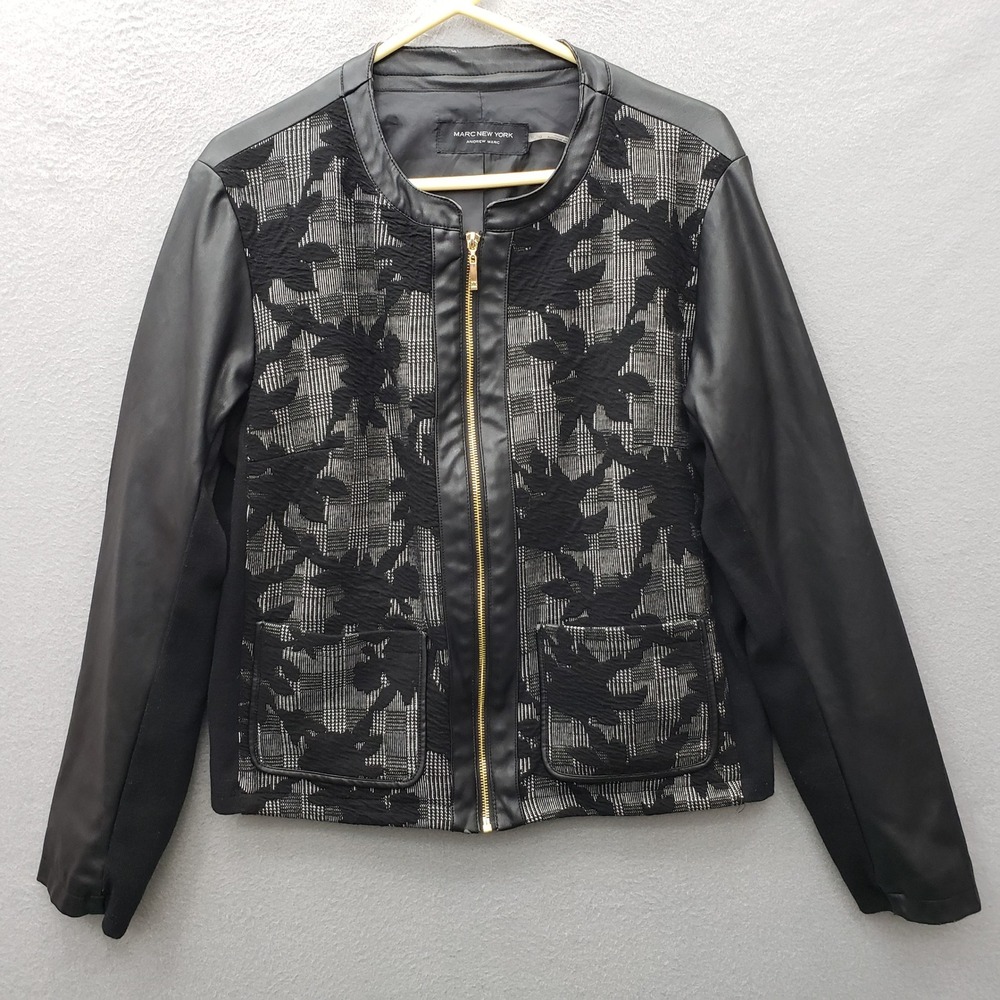 Andrew Marc New York Jacquard Floral Front Faux Leather Jacket Black Zip Up XL